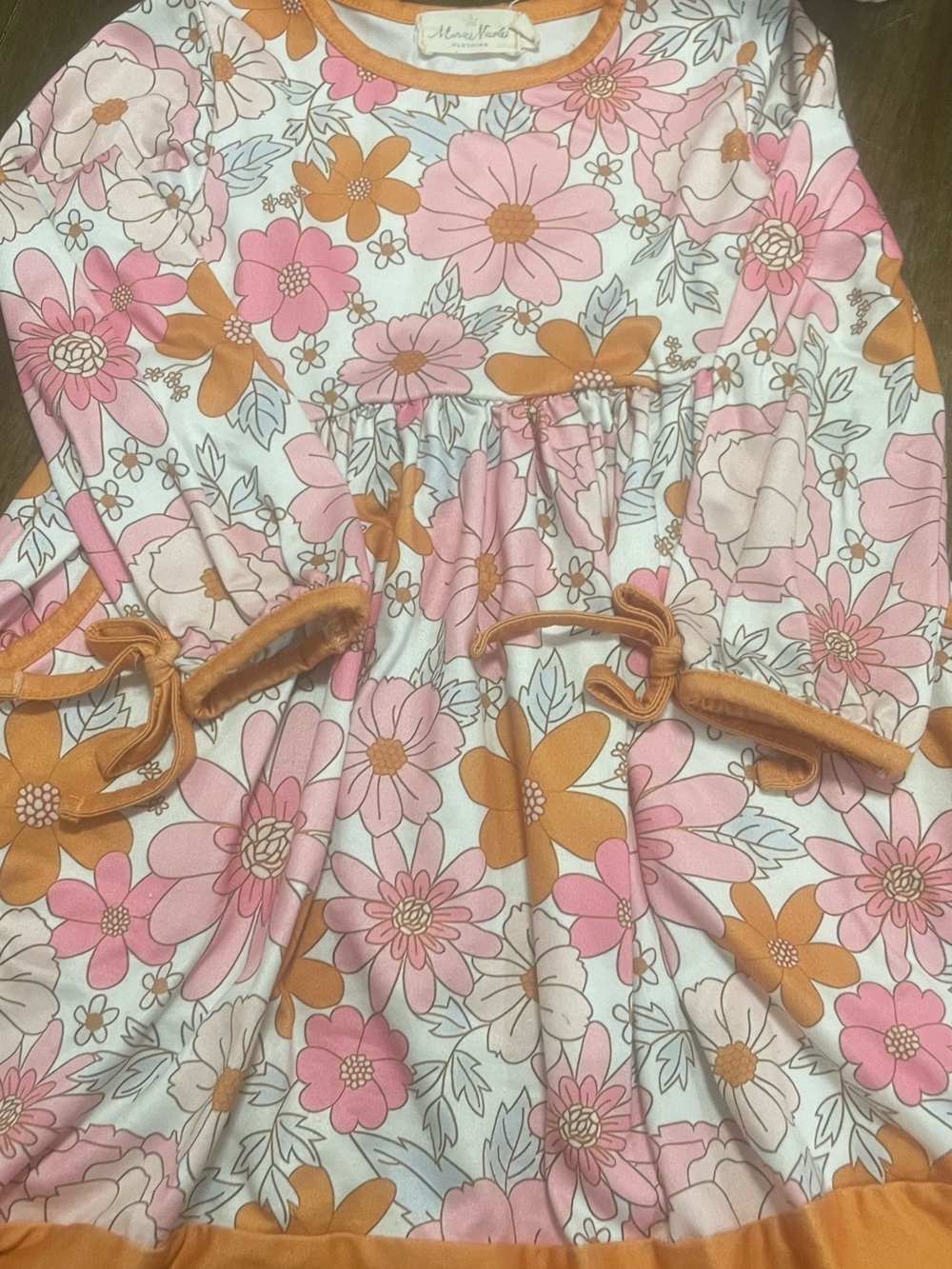 Floral Tie-Waist Long-Sleeve Kids Dress in Pink & Orange